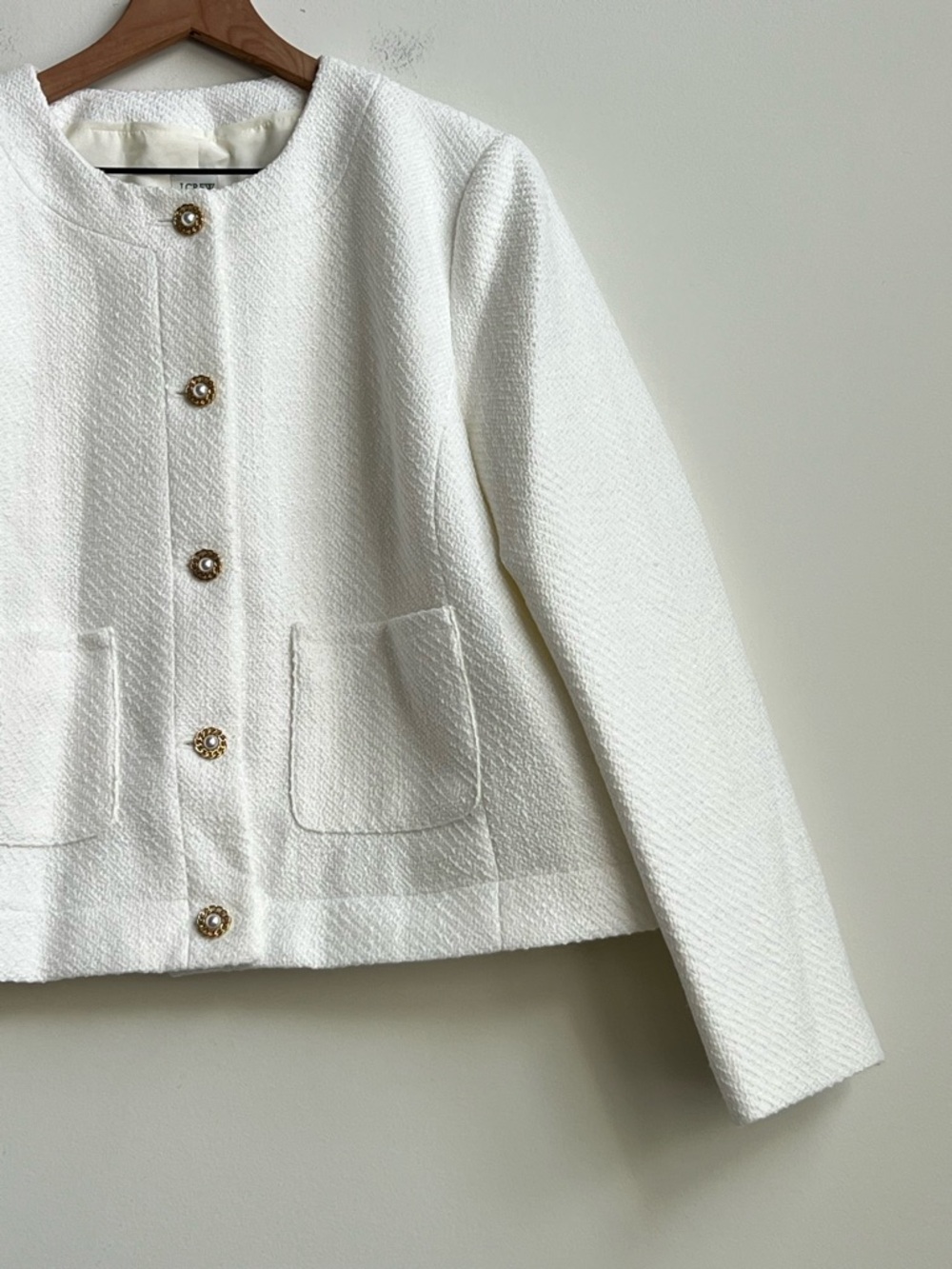 J.Crew Factory Womens Ivory Tweed Lady Jacket BW284 Preppy Pocket 16 Pearl Chain - Picture 7 of 15